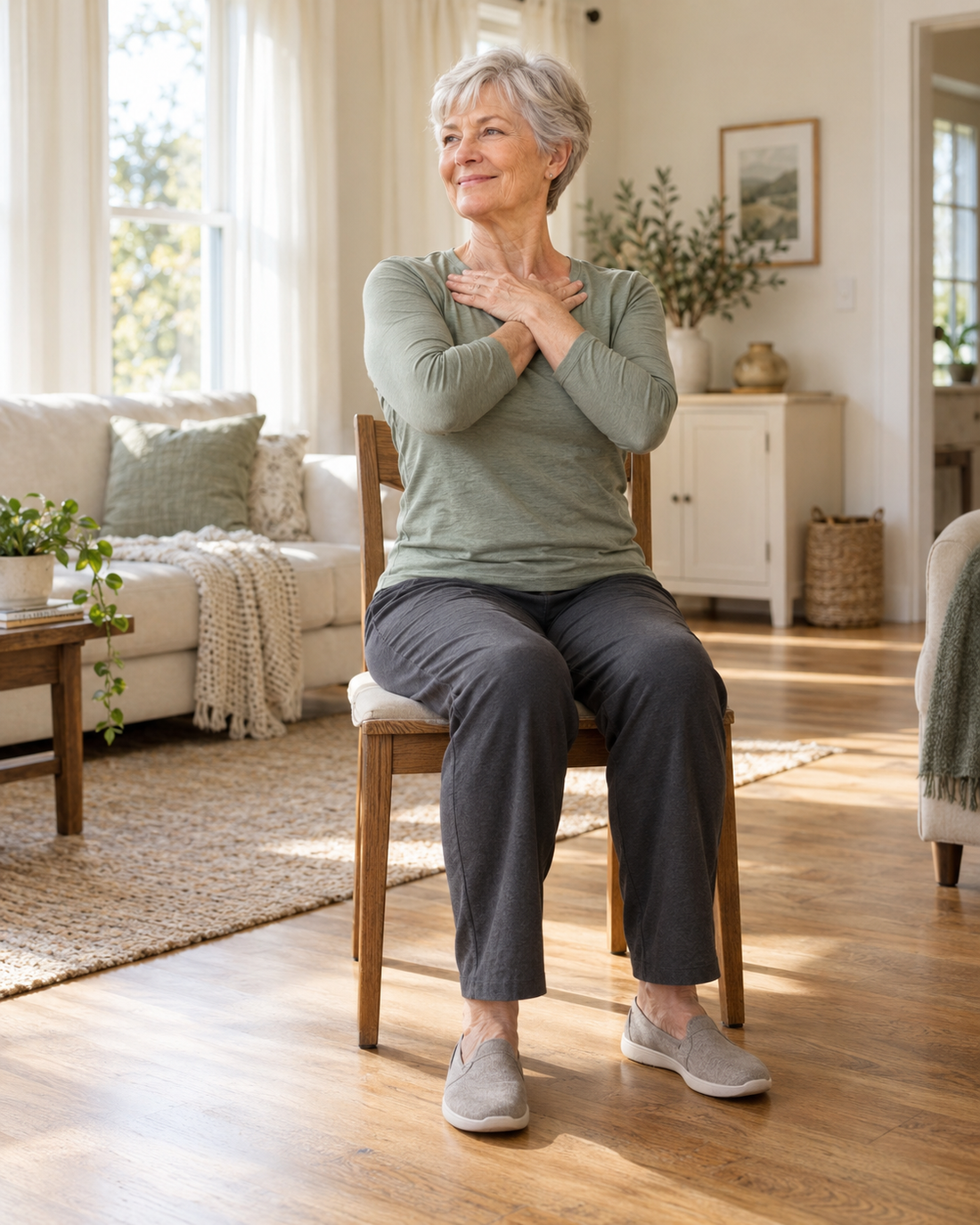 Illustrative lifestyle image of an older adult comfortably seated at home